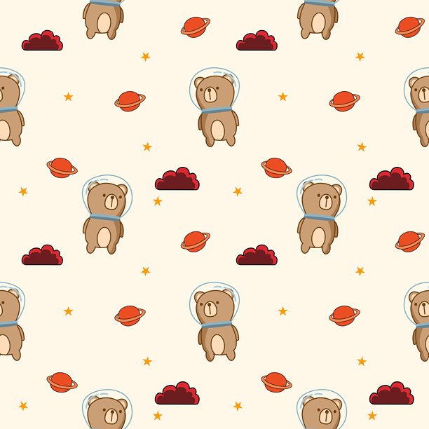 可爱的太空熊卡通形象，背景是云彩、星星和土星。无缝图案矢量插画。图片下载