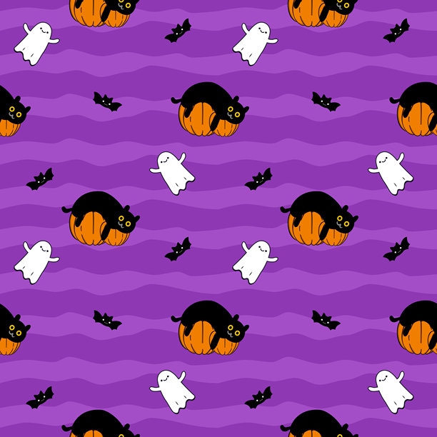 可爱的黑猫和南瓜卡通图。背景为紫色鬼怪蝙蝠图案。万圣节快乐。无缝矢量插画图案。图片下载
