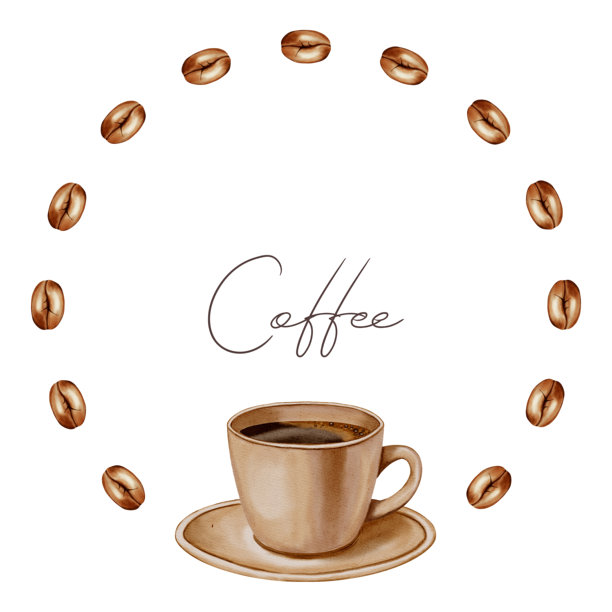手绘水彩插画，描绘了一个装饰性花环，花环内是漂浮的咖啡豆，花环中心是一个咖啡杯。非常适合咖啡店、咖啡馆、店铺品牌设计、包装和菜单设计。图片下载