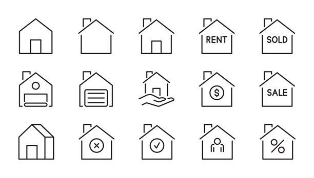 房屋图标集。矢量插画，包含家、建筑、公寓、房地产符号。描边可编辑。扁平化设计。孤立在白色背景上。图片下载