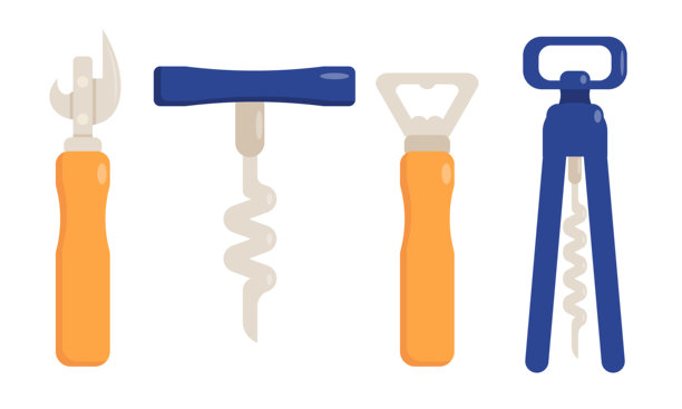一套卡通风格的厨房电器、设备。带有木质手柄和钢制材质的厨房用具矢量插画：开罐器、开瓶器、削皮器、酒瓶开瓶器，孤立在白色背景上。图片下载