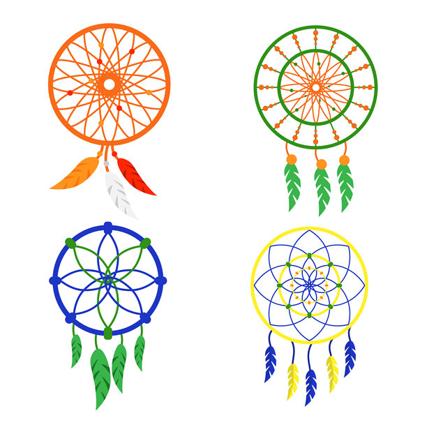 一套卡通风格的精美捕梦网。由硬线、彩色羽毛、珠子制成的捕梦网的矢量插图，孤立在白色背景上。印第安护身符。民族珠宝。图片下载