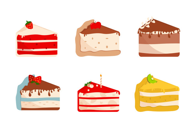卡通风格的蛋糕组合。矢量插画，包含不同馅料的蛋糕、芝士蛋糕、奶油蛋糕、海绵蛋糕、草莓、苹果、浆果、猕猴桃、蜡烛，孤立在白色背景上。图片下载