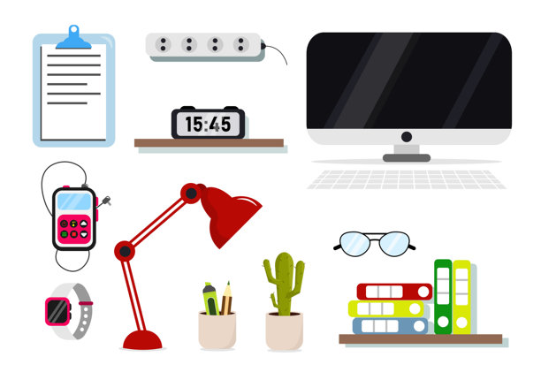 一套卡通风格的桌面物品。矢量插画：带键盘的电脑、台灯、带文件夹的书架、带纸张的平板电脑、眼镜、插座、仙人掌、手表、播放器，孤立在白色背景上。图片下载