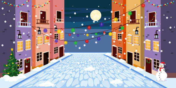 节日装饰的街道矢量插画。夜晚的街道卡通场景，有房屋、道路、闪亮的彩灯、雪人、圣诞树和雪花。新年节日。图片下载