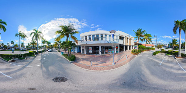 劳德代尔堡海滨的商业街。360度球形等距图像图片下载