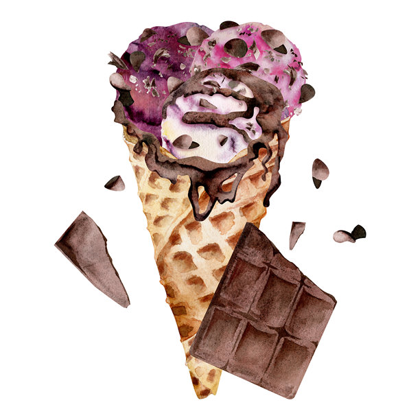 华夫饼甜筒里的浆果意式冰淇淋，淋上巧克力糖浆和碎屑。手绘水彩风格的独立插画。适用于甜点品牌、美食文具、咖啡馆标签、菜单。图片下载