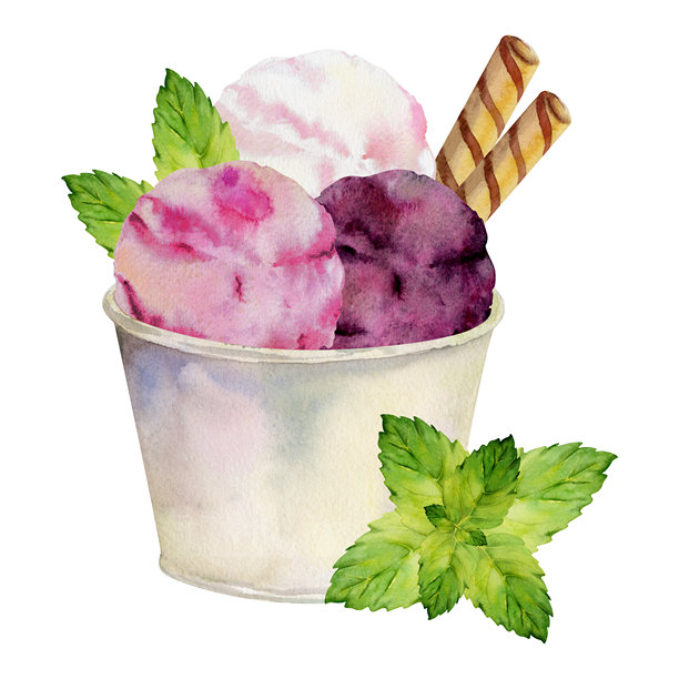 塑料杯中盛放着浆果冰糕、意式冰淇淋，配以卷状威化饼干和薄荷叶。手绘水彩风格的独立插画。适用于甜点品牌、小吃艺术、手工咖啡馆印刷。图片下载