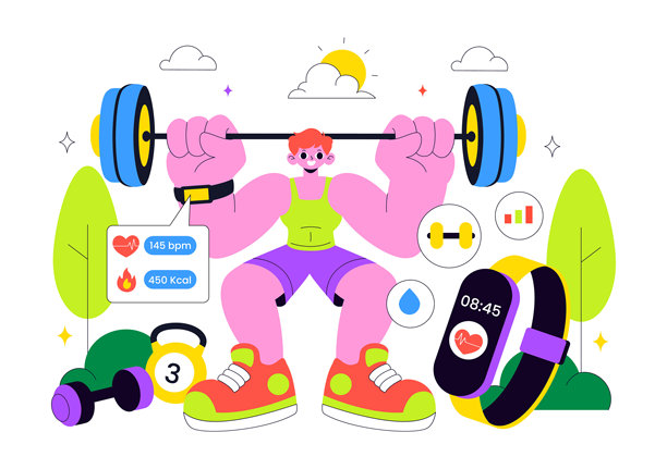 智能可穿戴健身手环矢量插画，展示带有生活、工作和心率监测多媒体应用的智能手表追踪器图片下载