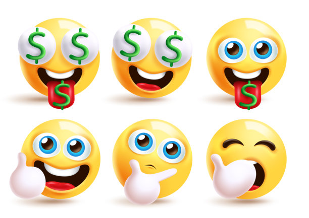 表情符号美元图标素材集。带点赞手、竖起大拇指、思考和困倦表情的黄色表情符号美元人物插画图片下载