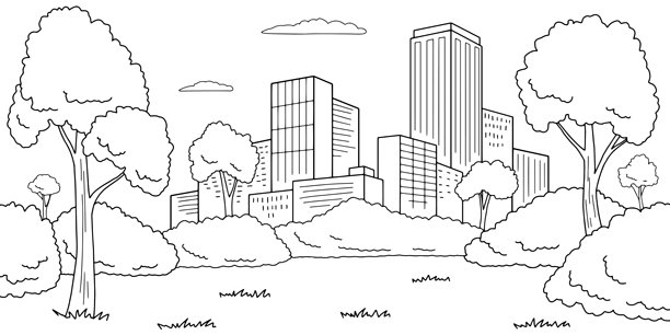 城市森林图，黑白城市景观，天际线，素描插画矢量图图片下载