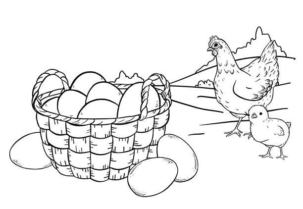 单色手绘插画，描绘了一个装满鸡蛋的编织篮。经典的农舍墨水画风格，适用于厨房包装、复活节设计、品牌推广、纺织品和乡村产品装饰。图片下载