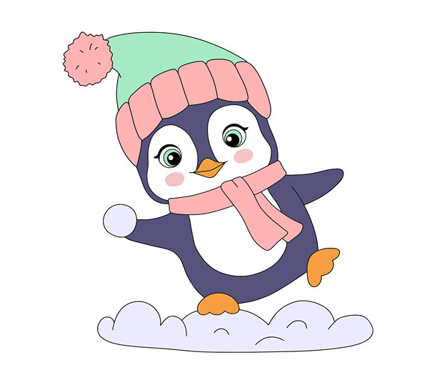 可爱卡通企鹅玩雪球，戴着红帽子和围巾的宝宝动物，冬季活动，儿童扁平插画，婴儿图片下载