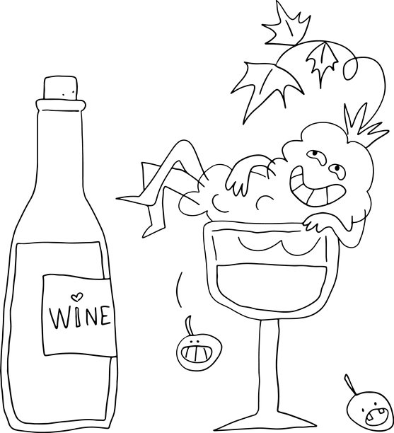 一个装满酒的酒杯旁，有一串带有表情的快乐葡萄，旁边还有一整瓶酒。这幅插画明亮、俏皮、异想天开，非常适合葡萄酒或庆祝主题。采用黑色弯曲线条以垃圾摇滚风格绘制图片下载