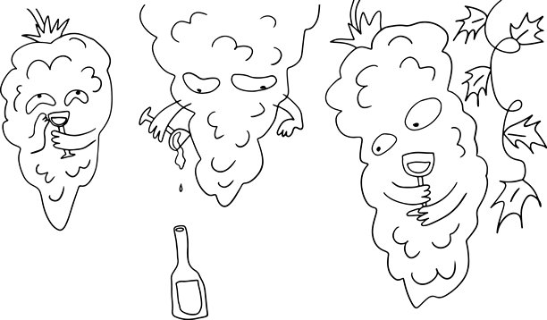 长着眼睛的顽皮葡萄，悬挂着，正从酒杯中饮酒，旁边还有一瓶酒。有趣、异想天开的插画，非常适合葡萄酒或饮品主题。用黑色弯曲线条以颓废风格绘制。图片下载
