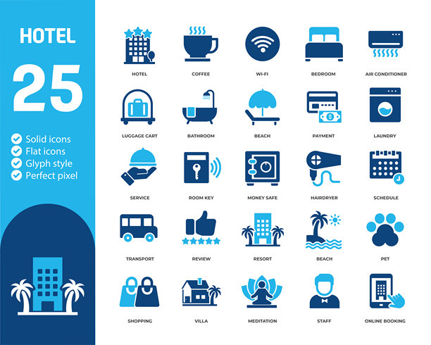 酒店图标，包含度假村、餐厅、服务、接待员等一系列纯色图标。矢量插画。在干净的白色背景上完美像素。图片下载
