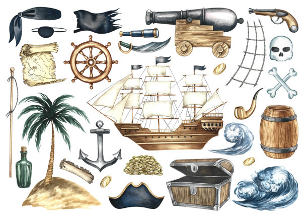 宝藏岛。中世纪海上传奇。手绘水彩插画。彩色图像。孤立。一艘古老帆船，上面有宝箱、地图、海盗三角帽和漂流瓶。图片下载