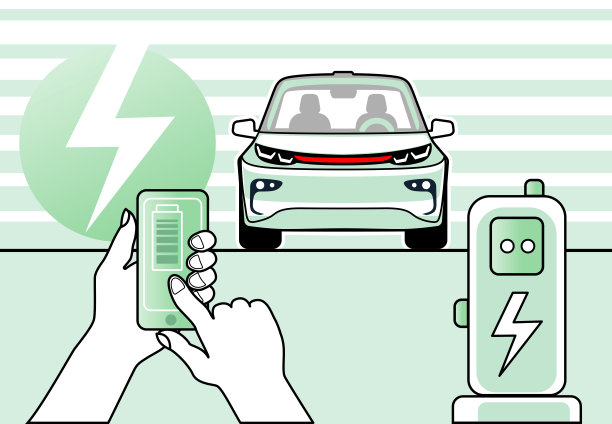 手机在充电站为电动汽车充电的扁平化设计轮廓插画图片下载