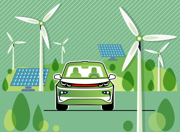 电动汽车在绿色自然环境中，配有风力涡轮机和太阳能电池板的扁平设计线条插画图片下载