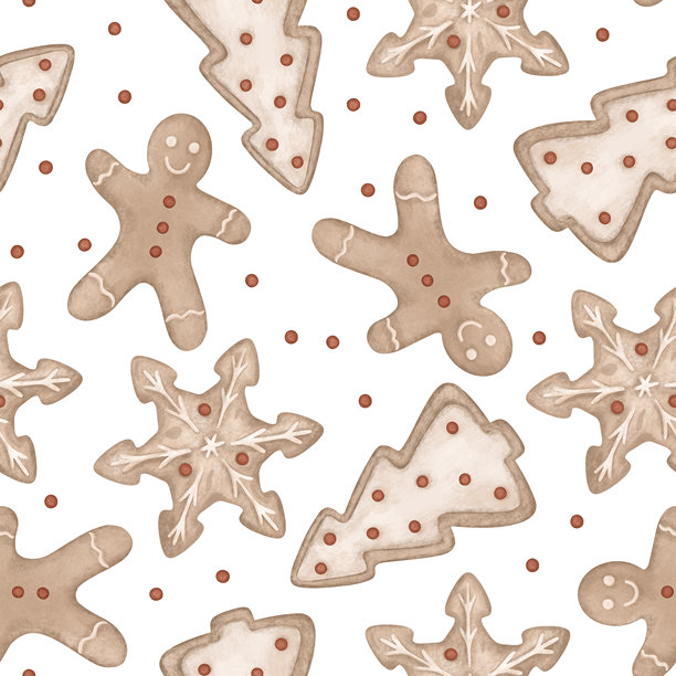 手绘圣诞插画无缝图案，包含姜饼人、雪花和圣诞树形状的饼干。新年重复印花，适用于纺织品或包装纸设计。图片下载