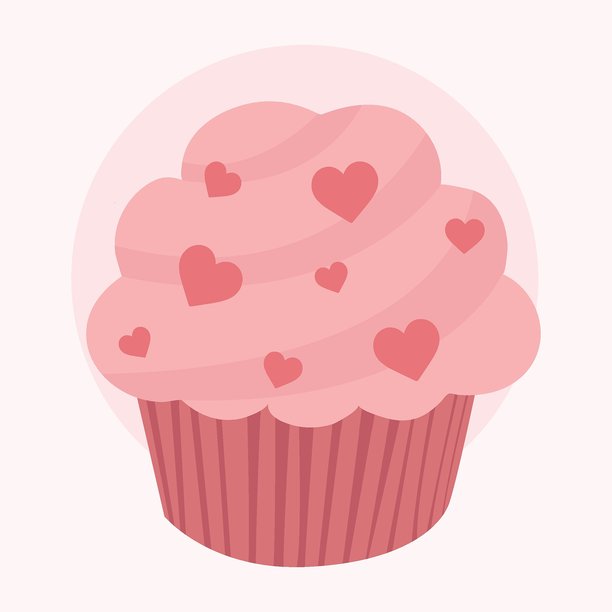 情人节主题的粉色马芬，配有可爱的心形饼干，扁平插画风格图片下载