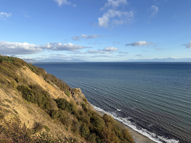 太平洋海岸照片。有草和灌木的高耸悬崖。鄂霍次克海，蓝色海水上有波浪和涟漪。夏日风光，多云的天空。沙滩，海岸线。适用于旅游项目图片下载