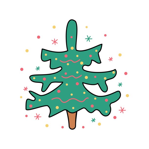 圣诞树。装饰过的云杉。雪花。手绘，涂鸦。简约插画。新年矢量图。孤立在白色背景上。图片下载