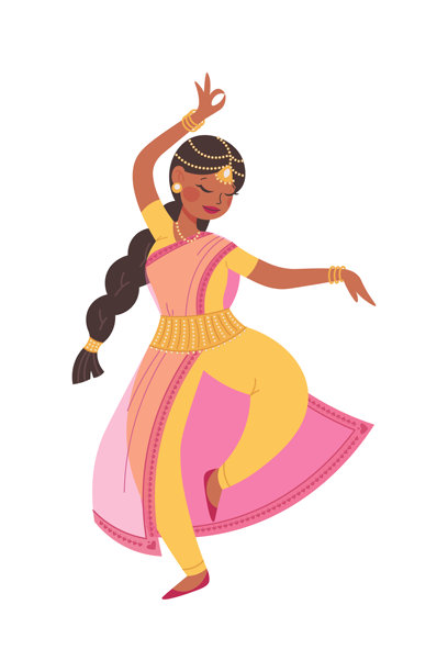 穿着传统服饰跳舞的印度女孩。深肤色印度女性，纯白背景。扁平卡通插画。图片下载