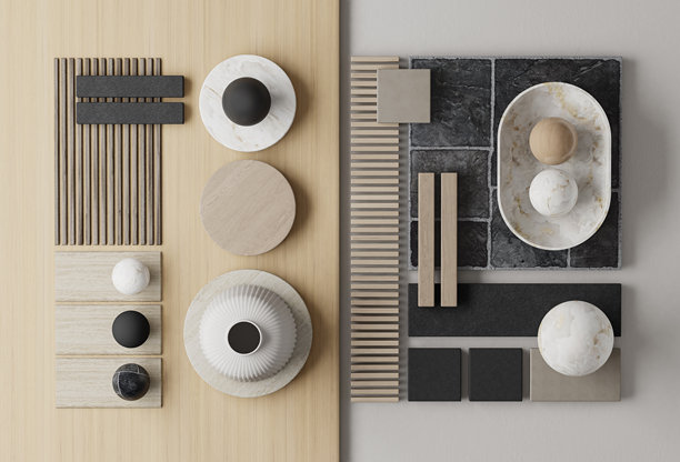 日式禅意与北欧风格的室内设计材料与纹理情绪板图片下载