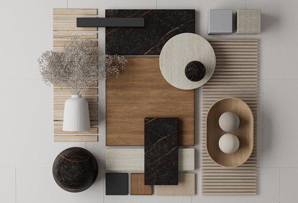 日式与北欧混搭风格的室内设计材料和纹理情绪板图片下载