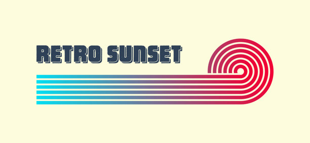 复古多彩日落。80年代和90年代风格的各种渐变条纹日出徽章。阳光和海洋景观，夏日氛围，冲浪。用于印刷、徽标或T恤的设计元素。矢量插画图片下载