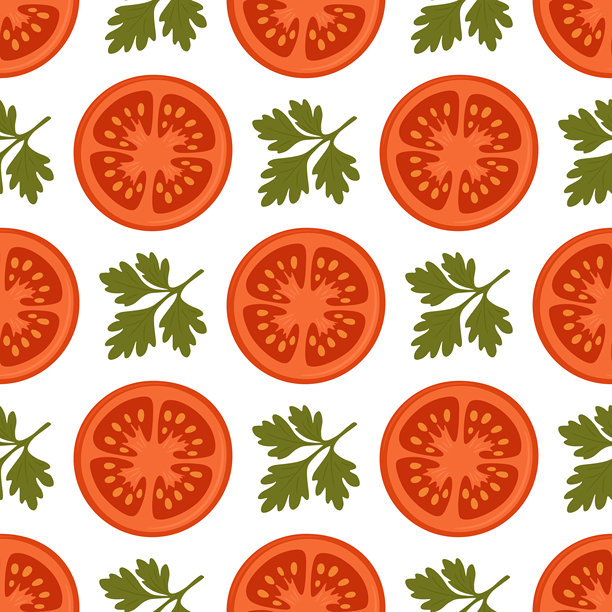 矢量番茄和欧芹无缝图案。新鲜蔬菜食品背景，用于烹饪设计。天然食材、有机厨房装饰、意大利美食插画图片下载
