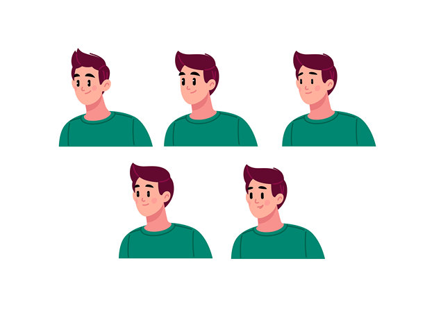 一名身穿绿色T恤的男子的插画，展示了不同的头部角度。该图像非常适合用作头像、图标或角色开发。图片下载