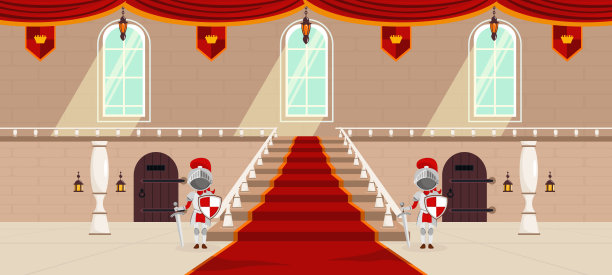 童话皇室内部的矢量插画。一个美丽宫殿大厅的卡通场景，有楼梯和红地毯、柱子、栏杆、门、身着盔甲的骑士、窗帘、窗户和壁灯。图片下载