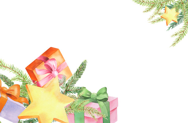 星星、礼品盒、纸质花环和圣诞树枝的画框。适用于面料、壁纸、包装纸、贺卡、设计、装饰和插画。图片下载