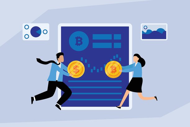 商务男士和女士在数字交易平台屏幕上奔跑，用美元硬币兑换比特币，2D扁平矢量插画图片下载