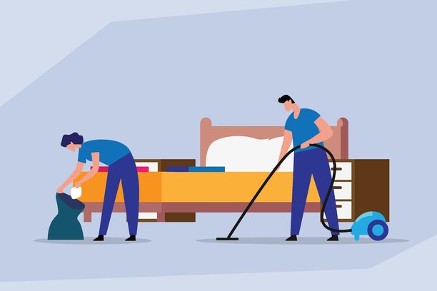 2d平面矢量插画：男人在卧室打扫，吸地板，整理床铺图片下载