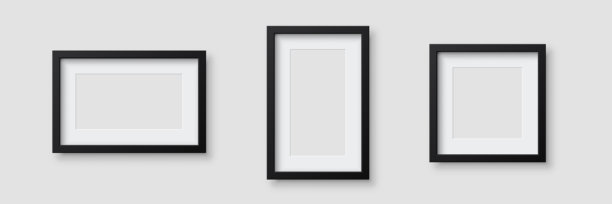 黑色相框套装。三个空画框，分别呈横向、纵向和方形，带有柔和阴影。极简墙面装饰模型。写实矢量插画。图片下载