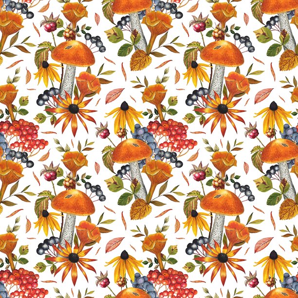 手绘无缝图案，包含蘑菇、浆果、秋季花卉和叶子。水彩插画。图片下载