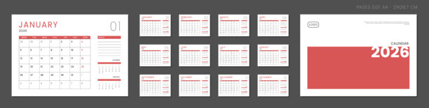 2026日历计划本模板套装，包含月度页面和带照片/公司Logo位置的封面。适用于打印的墙历或桌面日历的矢量版式，周一为一周的开始。A4尺寸（21x29.7厘米）页面。图片下载