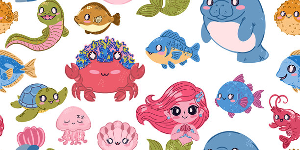 无缝海洋图案。可爱的日系扁平插画，包含海洋生物和鱼类，非常适合儿童项目、壁纸和织物印花。图片下载