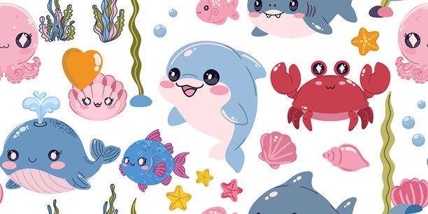 无缝海洋图案。可爱的卡通海洋生物和鱼类扁平插画。非常适合儿童项目、壁纸和织物印花。图片下载