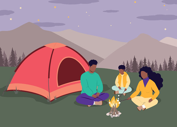 夜晚，一个黑人家庭在树林里围着篝火。 

Analysis: The translation is direct and accurate. The phrase图片下载