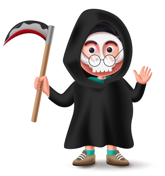 可爱死神万圣节角色，手持镰刀的卡通插画，用于不给糖就捣蛋主题图片下载