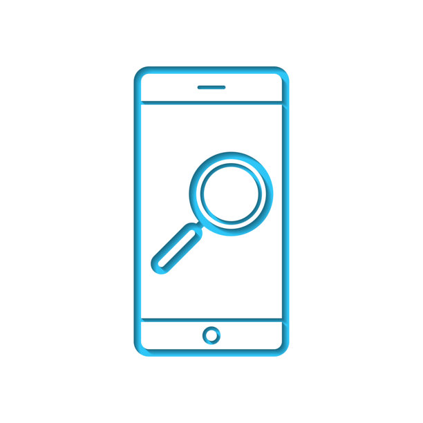 放大镜和智能手机。白色纸张上的图标剪影，背景为蓝色。图片下载