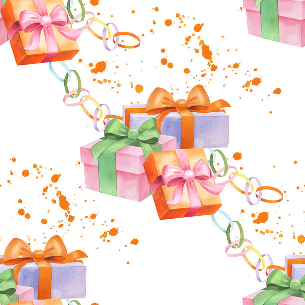 礼品盒、花环和橙色水彩飞溅的无缝图案。水彩插画。适用于面料、壁纸、包装纸、贺卡、设计、装饰和插画。图片下载