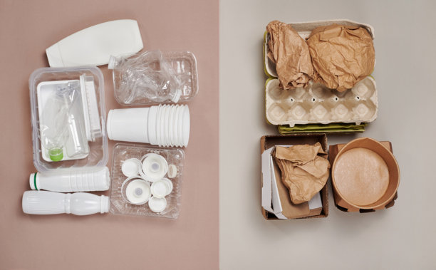 灰色背景下的塑料包装和纸质包装。塑料瓶、蛋托、食品包装盒、纸质包装袋。垃圾分类概念、废物回收、垃圾分类。图片下载