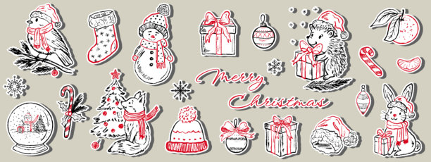 手绘圣诞贴纸集。复古蜡笔炭笔风格的矢量草图插画，带有红色元素。包含动物、礼物、装饰品、雪人、圣诞树、袜子、糖果、礼品盒等。图片下载