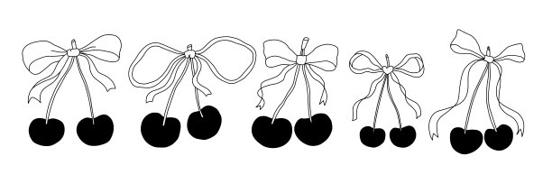 娇媚的樱桃与丝带蝴蝶结，采用优雅、异想天开、复古涂鸦手绘风格。非常适合圣诞节、婚礼、生日、情人节设计、卡片和装饰。矢量插画。图片下载