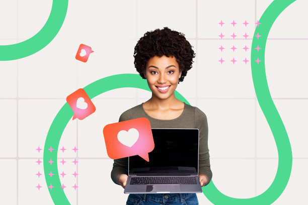 海报图片，全3D照片拼贴，快乐的女孩手持笔记本电脑，进行博客通知，点赞、反馈、推荐，热门网红图片下载